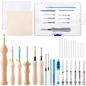 Pack of 35 Punching Needle Tool Kit, Embroidery Supplies, Adjustable Punching Needle Embroidery Set, 2 Wooden Handle Embroidery Pen, 8 Poke Needles (Random Colours), 2 Metal Handles, 15 Large Eye Needles, Christmas Gift