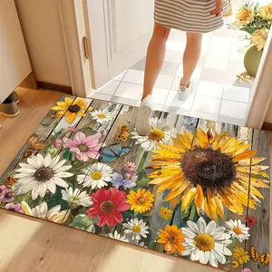 Vibrant Sunflower & Floral Flannel Door Mat – Bright Garden Design, Cozy Cottage Vibe, Non-Slip Indoor/Outdoor Mat for Nature Lovers, Floral Rugs