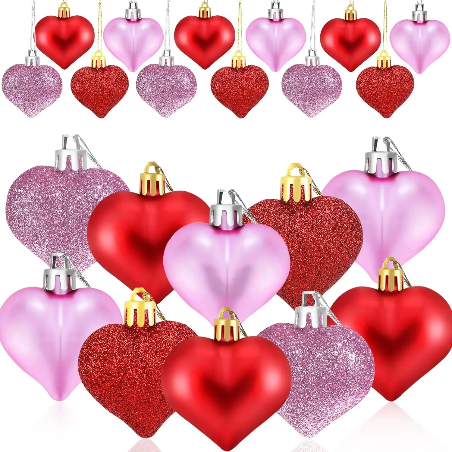 24 Pieces Valentines Day Heart Baubles Ornaments Christmas Tree Baubles Heart Shaped Decoration Baubles for Valentine's Day Decoration, Glossy and Glitter, Red, Pink