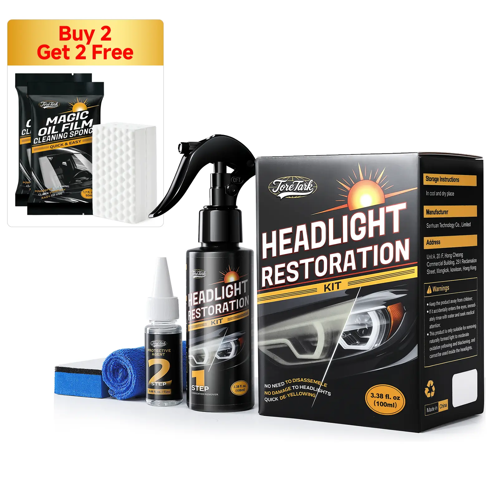 Car Headlight Restoration Kit, No Power Tools Required, Restoring to Like-New Condition, Covers 2-3 Vehicle Headlight Treatments, Headlight Cleaner and Restorer Kit, Headlight Restoration Spray