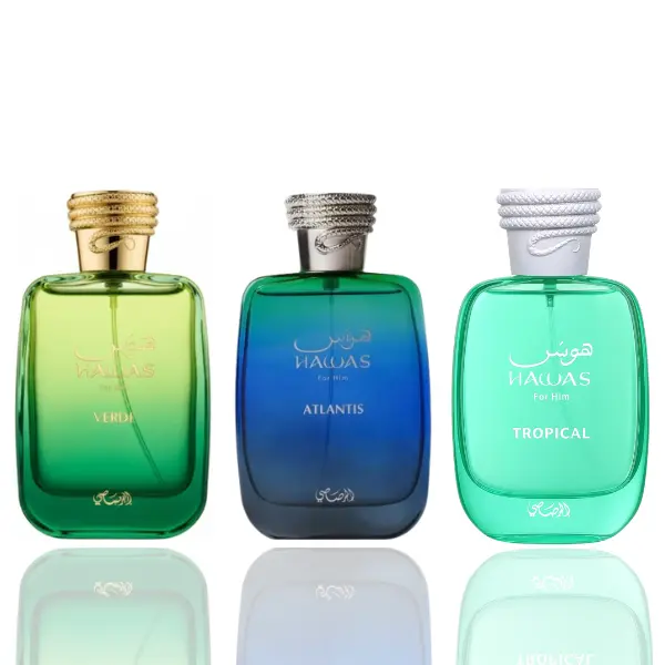 Rasasi Hawas Unisex 3-Piece Pre-Packed Aromatic Cologne Bundle - Atlantis, Verde, Tropical Scented Aqua Fragrances with Citrus, Musk, Amber, Aquatic Blend for Daily Wear Aromatic Citrusy Perfume, Aromatic Citrusy Fragrance, Daily Wear Perfume