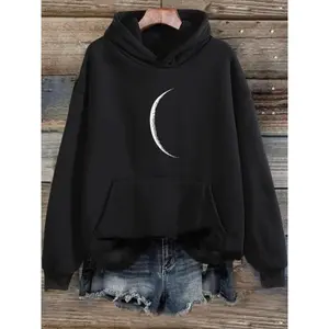 Women's Moon Print Drop Shoulder Drawstring Hoodie, Casual Long Sleeve Kangaroo Pocket Hooded Sweatshirt for Fall & Winter, Women's Clothes for Daily Wear