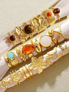 Vintage Elegant Women's Colorful Simulated Gemstone Rings Set, Starfish Sunflower Design, Stackable Finger Rings, All Seasons Wear, Perfect Gift, Vintage Rings Jewelry, Statement Rings
