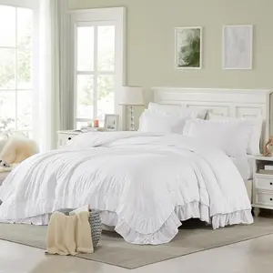 White  Comforter Set, 3 count Ruffle Comforters /Full Size Farmhouse Bedding Sets with Comforter, Lightweight Fluffy Soft Shabby Chic Bedding Comforter Sets