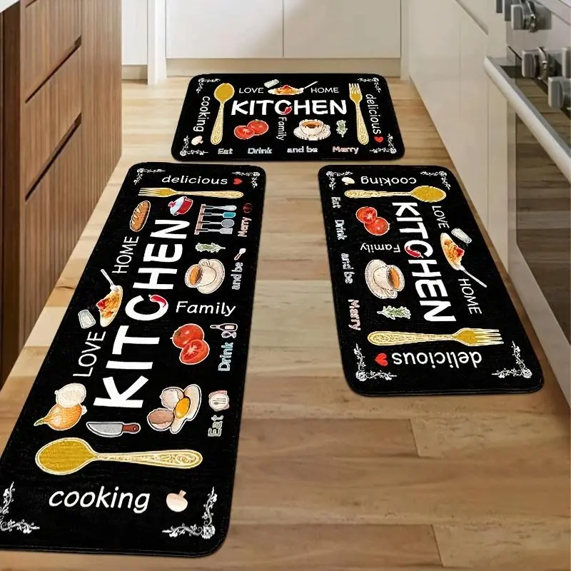 Kitchen Mat Set of 2/3, Polyester Mats, Machine Washable, Lightweight Rectangular Mat with Food and Tableware Design, Suitable for Bedroom, Living Room, Dining Room, Kitchen, Bathroom