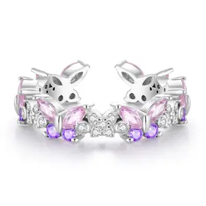 Pink & Purple Butterfly Open Ring 925 Sterling Silver Sparkling CZ Animal Rings for Women Fairycore Aesthetic Trendy Jewelry Gift