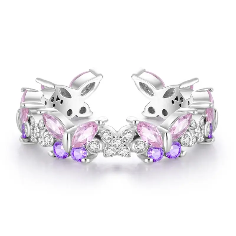 Pink & Purple Butterfly Open Ring 925 Sterling Silver Sparkling CZ Animal Rings for Women Fairycore Aesthetic Trendy Jewelry Gift