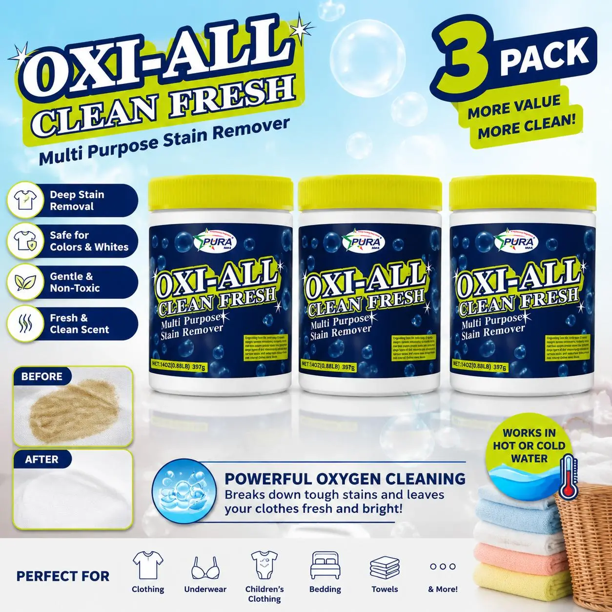 3 Pack PURA MINI OXI-ALL Clean Fresh Oxygen Stain Remover Powder 397g Multi Purpose Laundry Explosive Salt Enzyme Cleaner For Baby Clothes Underwear Color Fabric Household Cleaning Bulk Set