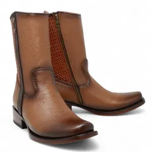 Botas de Piel Punta Dubai Cuadrada Para Hombre Color Camel con Cierre - La Sierra