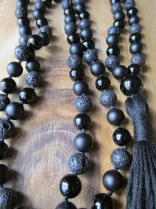 108 Bead Mala Necklace, Onyx and Lava Stone, Tassel Necklaces, Yoga Jewelry, Prayer Beads, Mala Beads, Spiritual Accessories
