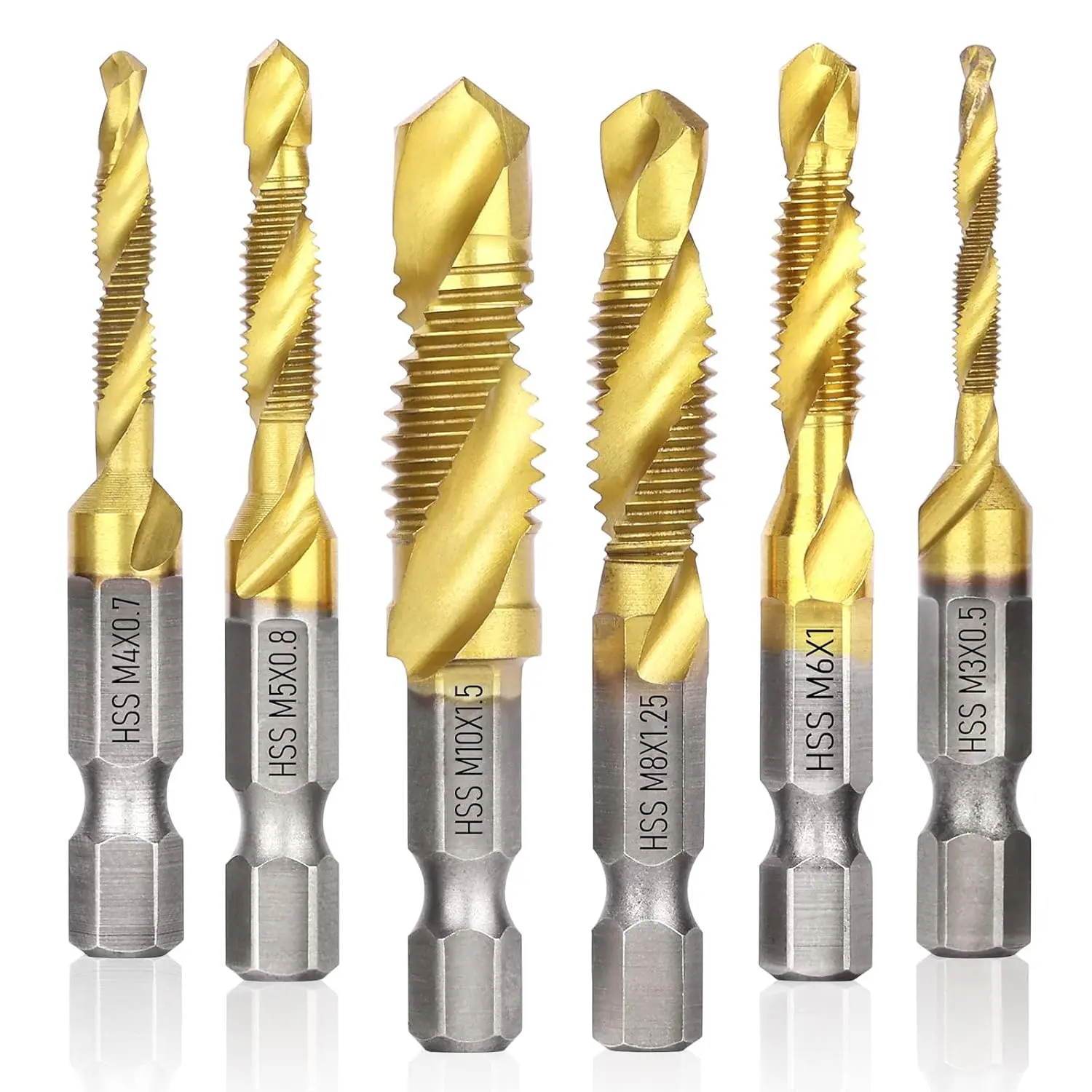 Tap drill bit set 6 Pack Metric Thread M3-M10 Screw Tapping Tool 1/4" Hex Shank Titanium Plated HSS Combination Drill and Tap Set