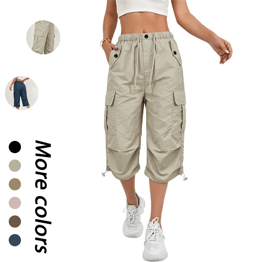 Quick-Dry Cargo Pants for Women — Lightweight, stretchy cargo pants that dry quickly, featuring an elastic waistband and tie design—loose fit, mid-length multi-pocket pants suitable for outdoor activities, travel, and casual wear—machine washable