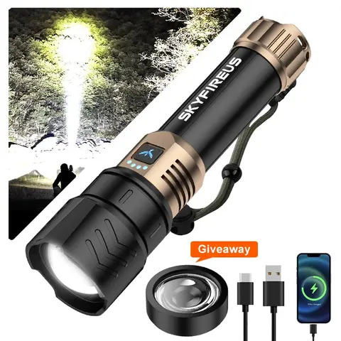 SKYFIRE 1097 High Lumens LED Flashlight - 1000LM Output, 4-16H Runtime, USB Port, USB Cable, Aluminum Alloy Durable Body, Emergency SOS, Fire-Start Head, Life-Level Waterproof for Wet Gear, Multifunctional Tool (Battery-Compatible) for Outdoor#sohochic