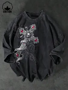 Unisex Oversized Vintage Washed Skull Graphic T-Shirt with Gothic Gem, Essential Y2K Streetwear for Daily Skate and Commute, All-Season Casual Wear