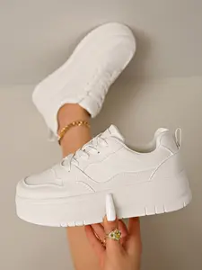 Women's Thick Sole Sneakers, Trainer, Walking Shoes, Height-Boosting Platform Casual Shoes, Striped Textile Upper, Rubber Sole, All Seasons, Footwear