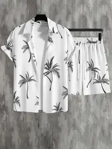 Men's Coconut Tree Print Shirt & Shorts Two-Piece Set, Regular Fit Casual Short Sleeve Collared Top & Shorts, Men's Summer Clothes for Beach Vacation, Menswear