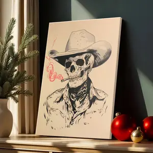 skeleton cowboy print, bar art, vintage art, eclectic wall art, rustic home decor | Rolled Canvas & Wood Frame Options