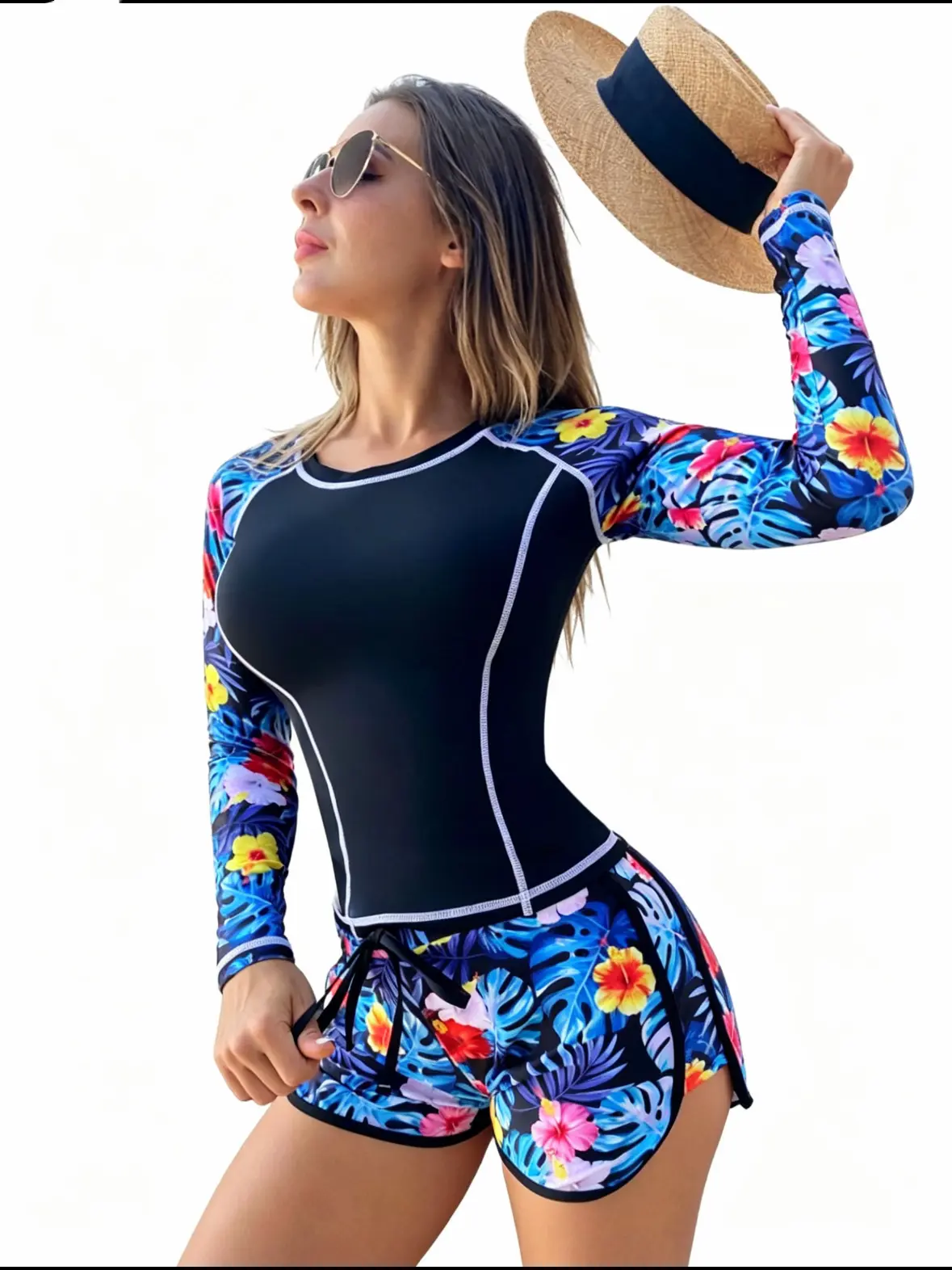 Women's Printed Rashguard Activewear, 2-Piece Set with Long Sleeve Sun Protection Top, Padded Bra and Tummy Control Boyshorts, Printed Pattern Modest Swimming Wear Rash Guard Swimsuits