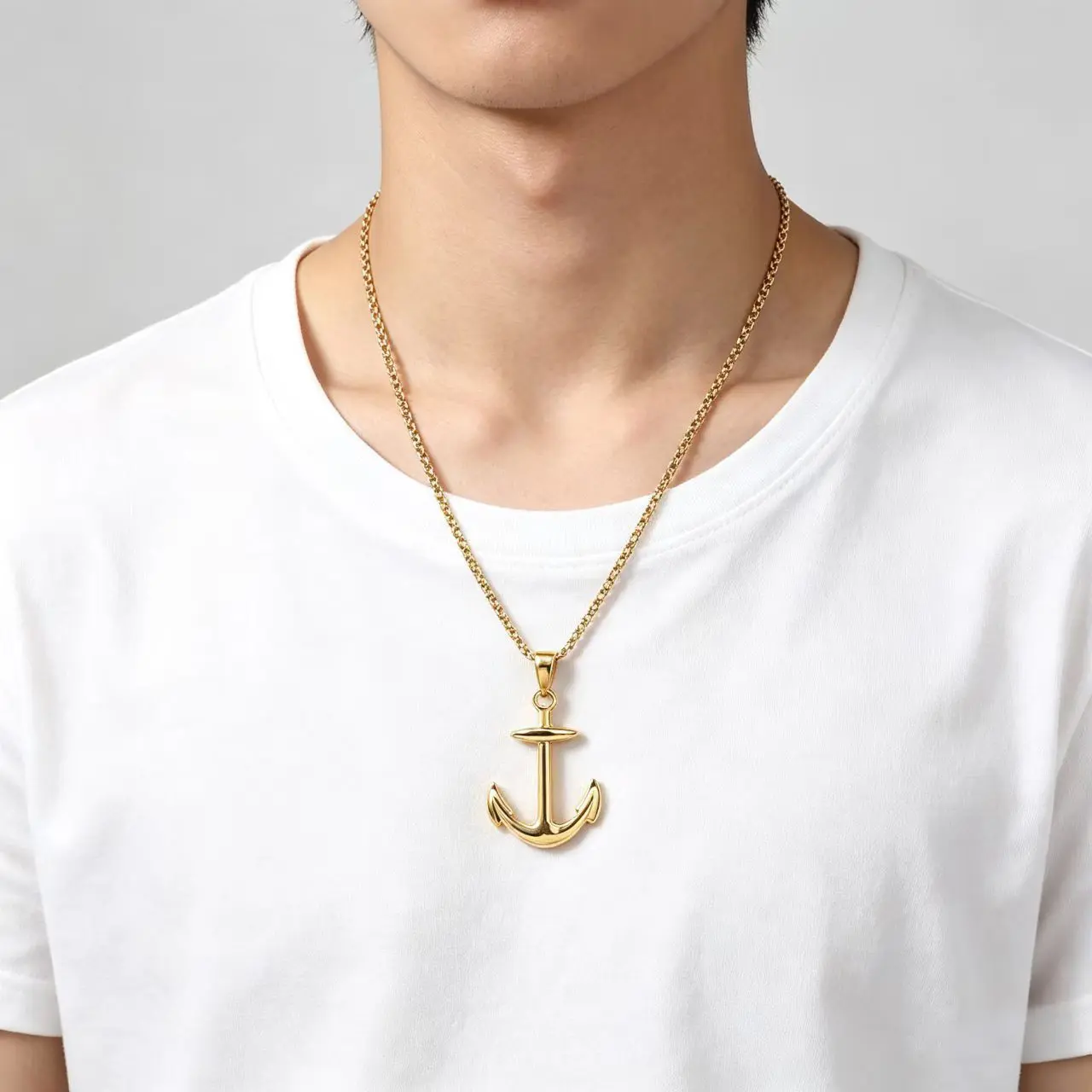 Anchor Pendant Necklace for Men, Gold Tone Stainless Steel Box Chain, Waterproof Casual Jewelry for Daily Use, Stainless Steel Jewelry, Practical, Chain & Link, Durable And Practical, Unisex, Elegant, Casual Wear, Men/Unisex, Bright Gold Tone, Everyday Es