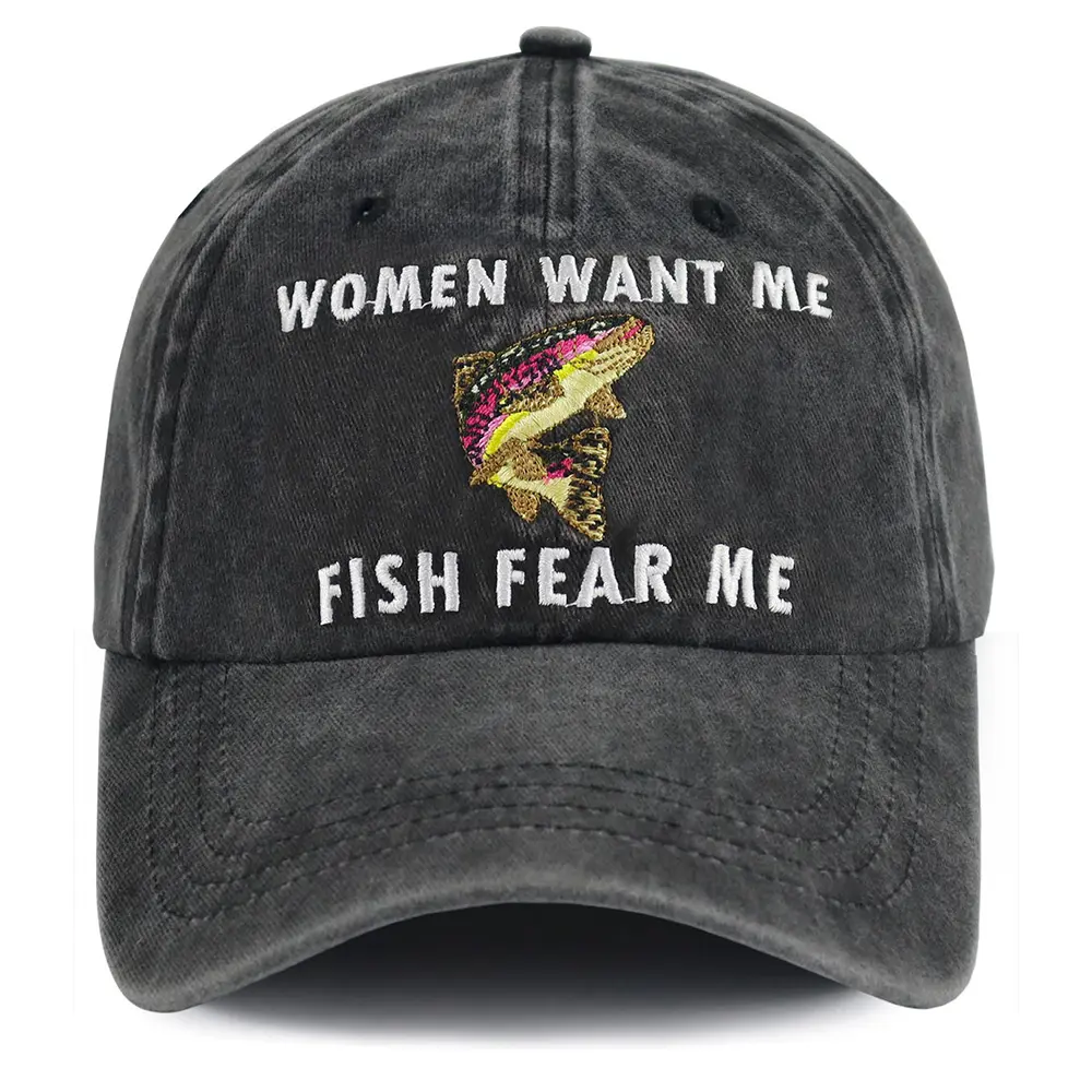 Men's Adjustable Washed Cotton Embroidered Fish Baseball Cap - Funny "Women Want Me Fish Fear Me" Hat for Fly Fishing Lovers, Boyfriend/Husband Birthday Gag Gift, Animal-Themed Men's Accessories