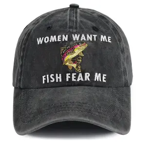 Fishing Hats for Men, Fun Women Want Me Fish Fear Me Hat, Adjustable Washed Cotton Embroidered Fish Baseball Cap, Funny Birthday Gag Gifts for Men, Dad, Fishing Lovers, Man, Father, Husband, Friends