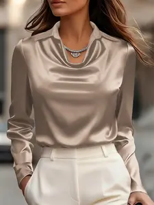 Elegant Satin V Neck Fitted Shirt Blouse for Women, Womenswear Fashion Long Sleeve Office Commute Silk Fabric Top, Perfect for Casual & Formal Wear