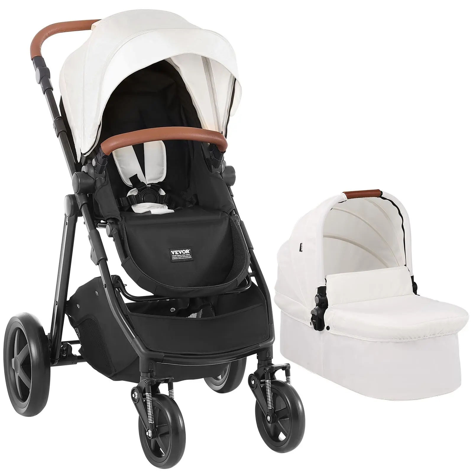 【fathersdaygift】VEVOR Travel System Stroller with Infant Bassinet, 2-in-1 Baby Cradle Stroller Combo, Reversible Seat, Easy One-button Folding, EVA Tires with Brake Aluminum Stroller Carseat Combo Set (White)