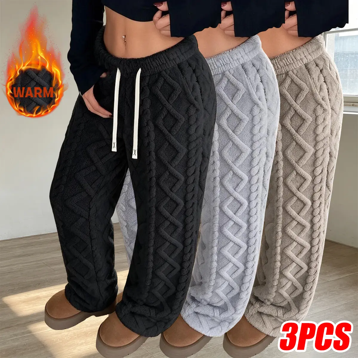 Women's Retro Fleece Pants - Mid-Waist, Elastic Stretch, Loose Cut Clothes for Autumn-Winter Streetwear, Sporty Casual Trousers with Adjustable Drawstring Waistband