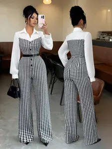 New Women's Woven Fabric Shirt Design Patchwork Knit Elastic Tweed Plaid Slim Fit Commuter Jumpsuit, Casual Fitted Pants Vest