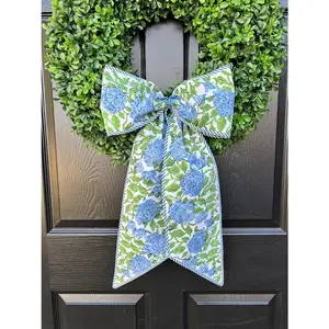 Elegant Cotton Wreath Sash with Blue and Green Hydrangea Embroidery Monogram Door Decor for Spring Summer Festive Housewarming Gift - Decoration