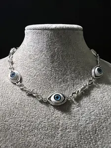 Gothic Blue Eye Necklace, Unique Eyeball Design, Thorny Punk Style, Unisex Party Jewelry, Bold Fashion Accessory for Men and Women, Statement Necklace, Eye Pendant Necklace
