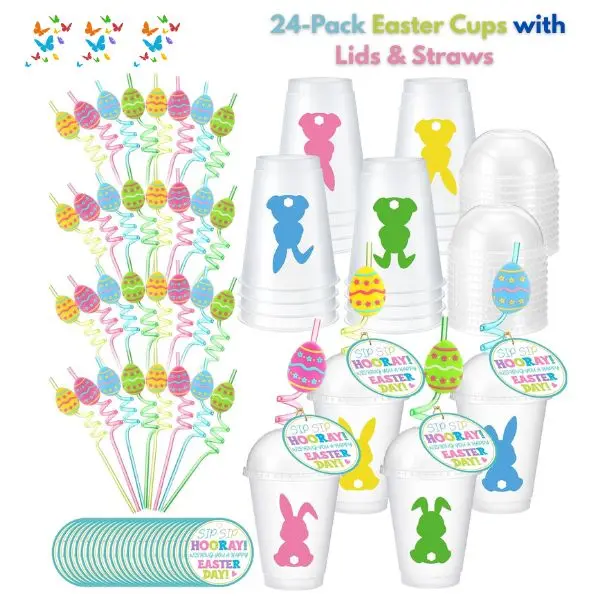 24-Pack Easter Cups with Lids & Straws – 16 oz Reusable Plastic Bunny Tumblers, Clear Easter Bunny Party Drinkware, Colorful Spring Beverage Cups for Easter Basket Stuffers & Holiday Party Supplies