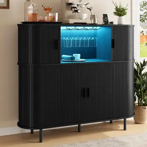 【SummerVibes】ONBRILL 55" Fluted Wine Bar Cabinet with LED Lights Coffee Bar Cabinet with Power Outlet Modern Liquor Whiskey Cabinets with Wine Rack and Glass Holder Home Bar for Living Room Kitchen