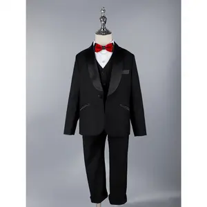 Boys' Black Suit Set, Jacket + Vest + Pants + Bow Tie, Gentleman Tuxedo Youngsters'S Birthday Party, Wedding Banquet,Event Outfit