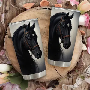 1pc 600ml Elegant Black Horse Pattern 304 stainless steel large capacity travel mug.throw blanket. comfy throw blanket. 20oz insulated water bottle. chairs ideal for horse lovers and as a sophisticated gift