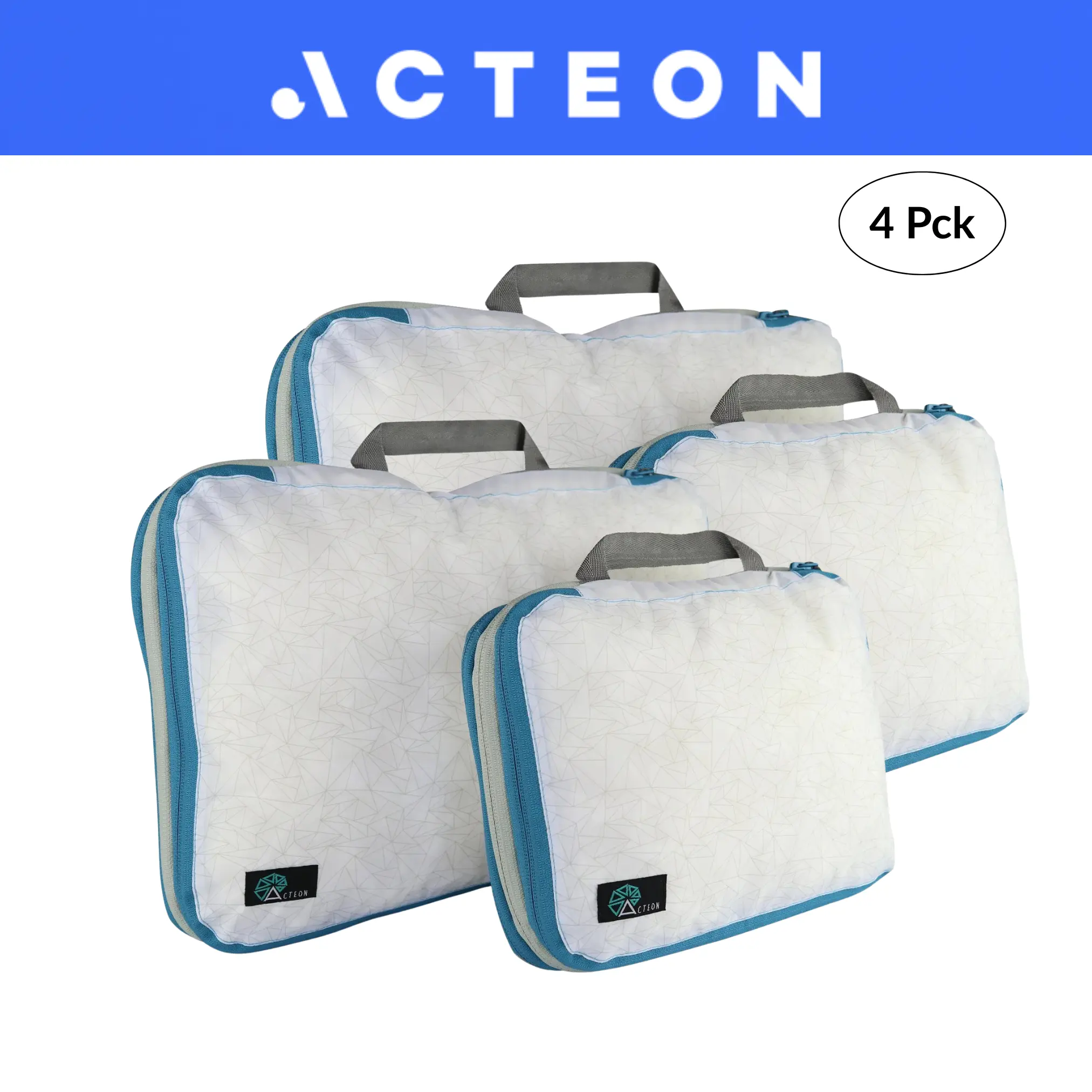 ACTEON Compact Travel Compression Bags Set 4 Piece - lightweight Concourse White with Blue Trim for Efficient Packing makeup luggage Organizer Storage Kit