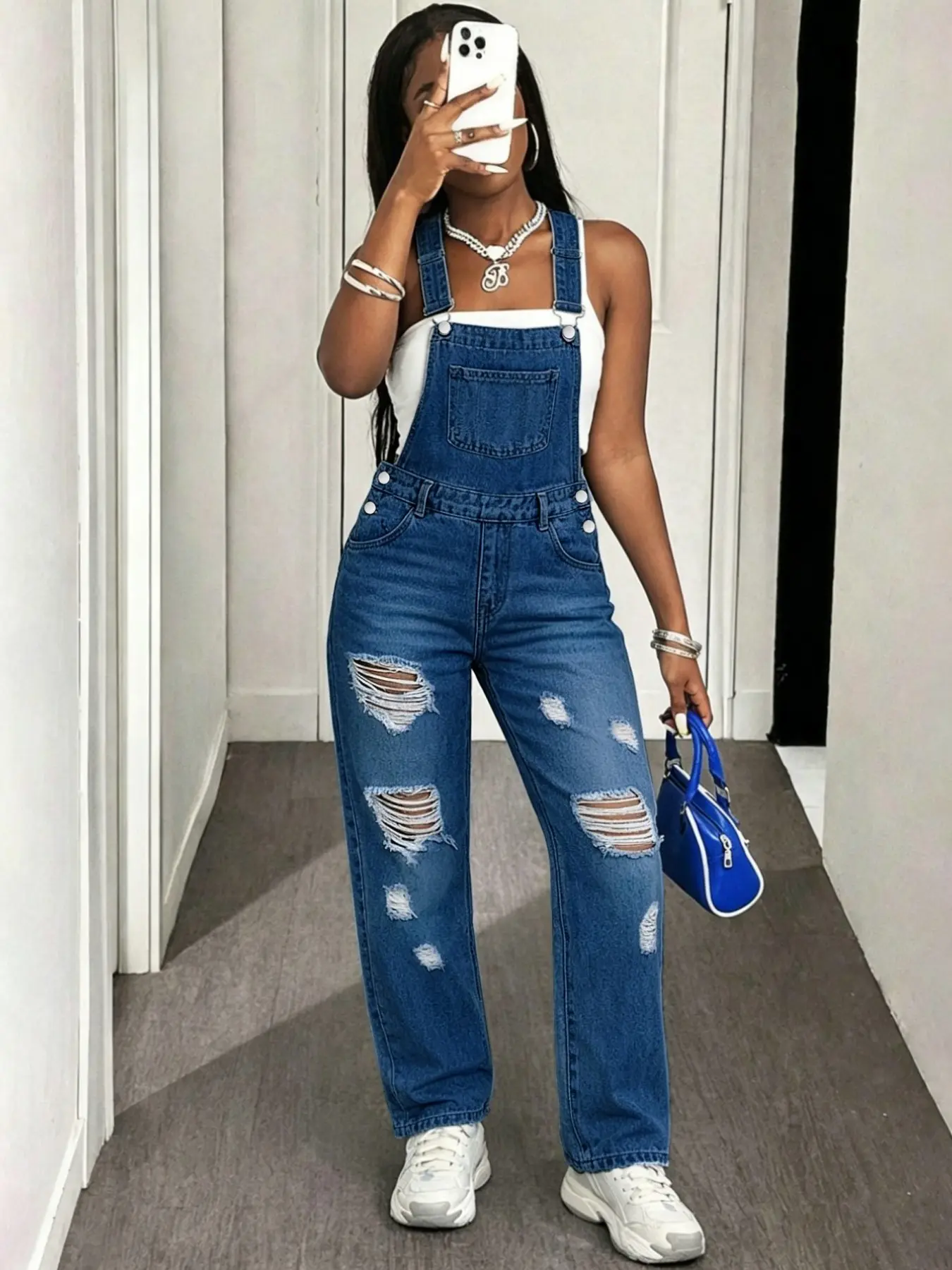 Spring Summer New Plus Size Women's Overalls Jumpsuit Style Sleeveless Light Blue Ripped Oversized Loose Fit Comfortable Vacation Daily Wear Light Wash Denim Backless Pants