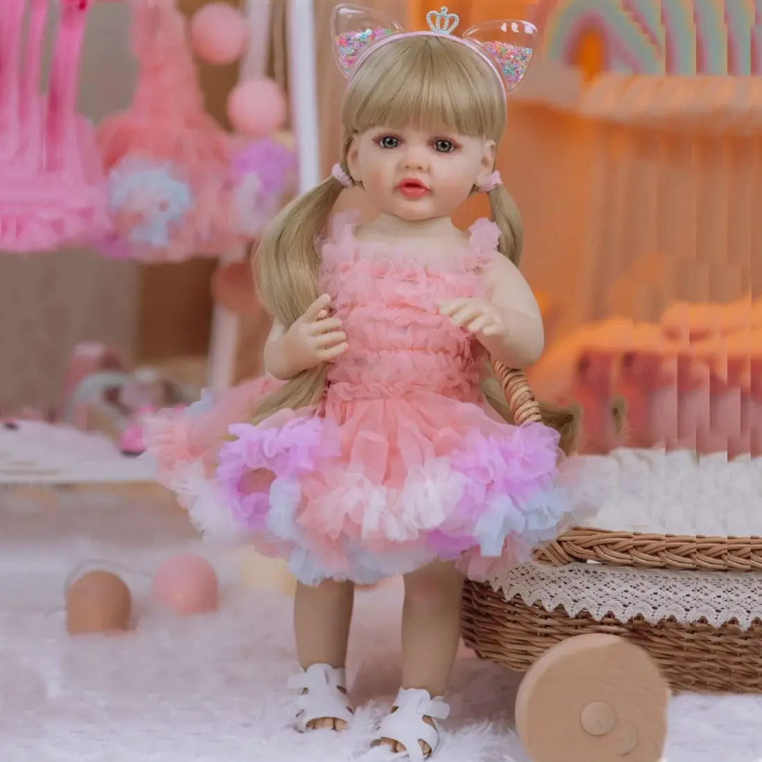 GUESSBELLY 55cm 22inch Reborn Baby with Full Body Vinyl Newborn Doll Blonde Girl Bath Toy Lifelike Can Stand Princess Toddler Birthday Gift for Kids