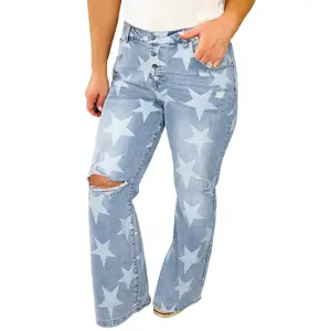 Trendy Sky Blue Star Printed Plus Size Jeans with Multi Buttons and Slit Knee