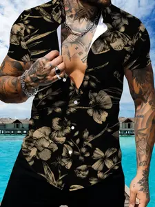 Black Tropical Floral Pattern Men's Short Sleeve Shirt, Summer Beach Casual Shirt, Slim Print Men's Top, Collared