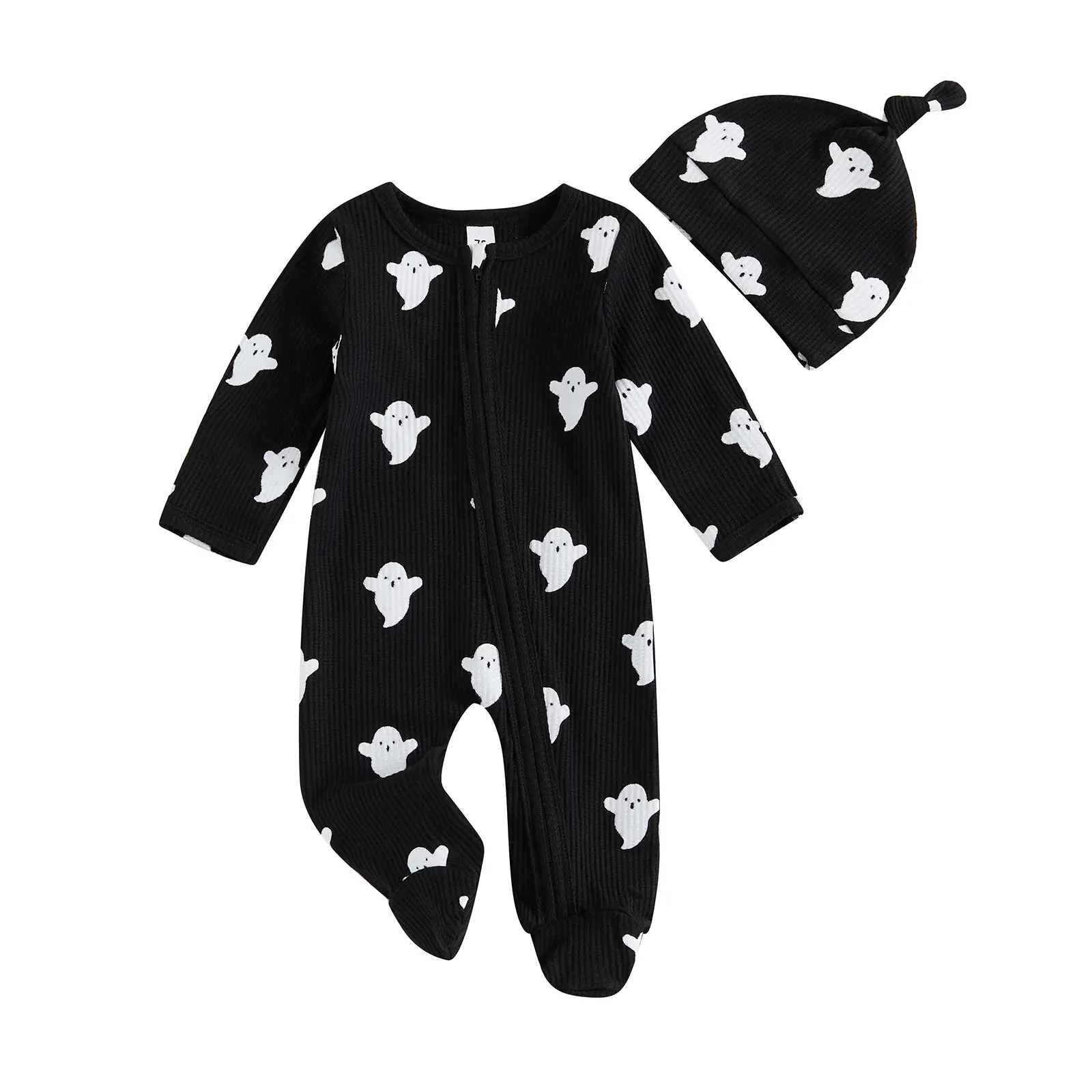 REDWOON Newborn Baby Boy Halloween Outfit Ghost Knitted Romper Jumpsuit Long Sleeve Footie Fall Clothes with Hat