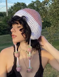 strawberry hat ear flap hat with strawberry pompoms crochet handmade