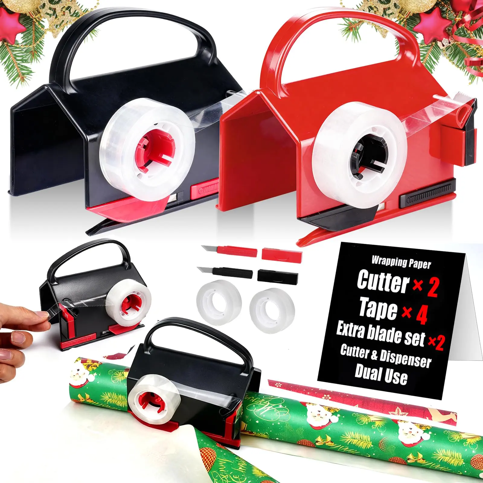 【DealsForYouDays】2-in-1 Wrapping Paper Cutter & Tape Dispenser, Mother's Day Gift Wrap Cutter Tool with 4 Tapes & Replaceable Blades, Fast Straight Cutting Tool for Holiday & Birthday Wrapping Kits