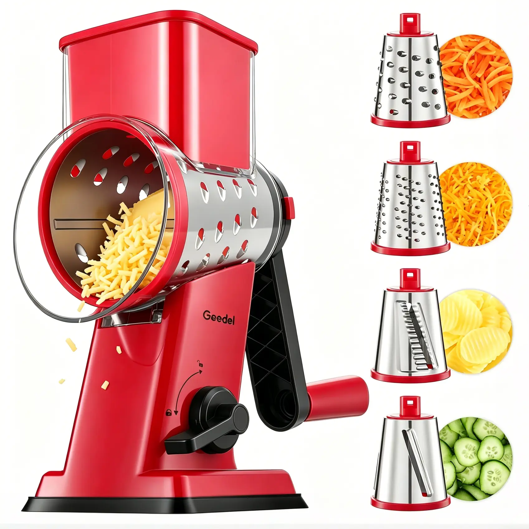 Geedel 4-in-1 Rotary Cheese Grater - Stainless Steel Discs, Stable Base, Pusher, Safety Features, Multifunctional Food Cutter, Food Shredder Tool for Effortless Cheese Prep, Vegetable Shredding, Preparing Ham (Perfect Tool for Ham Preparation)