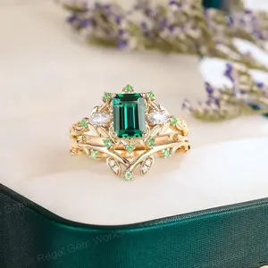 RegalGemWorks Floral Branch Three-Stone Emerald Engagement Ring Set in Solid 18k Gold with Lab-Grown Tsavorite & Moissanite Accents, May Birthstone Ring, Anniversary Band, Promise Ring, Dainty Wedding Band, Bridal Gift for Her