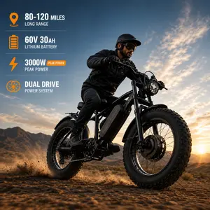 Adult T8 Dual Drive Ebike - 3000W Peak, 80-120Miles Range, 28MPH, 20"×4.0 Fat Tire Off-Road Electric Bicycle, Shimano 7-Speed Transmission, Carbon Steel Frame, Built-In Battery Seat, Ebikes