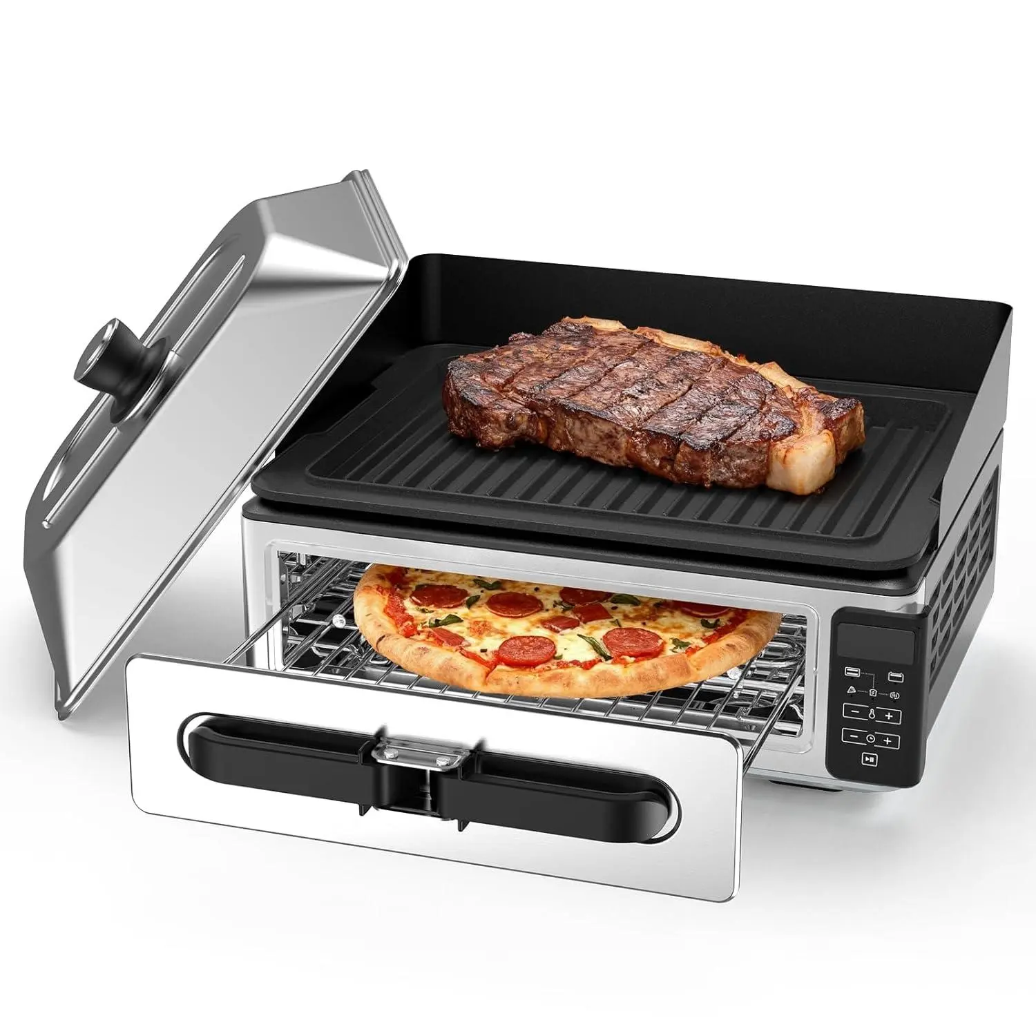 Smokeless Electric Grill Indoor – 2-in-1 Griddle & Oven Combo with Pizza Toast Grill Warm Modes, Temp Control 90-500°F, 60-Min Timer, Includes Splash Guard & Crumb Tray