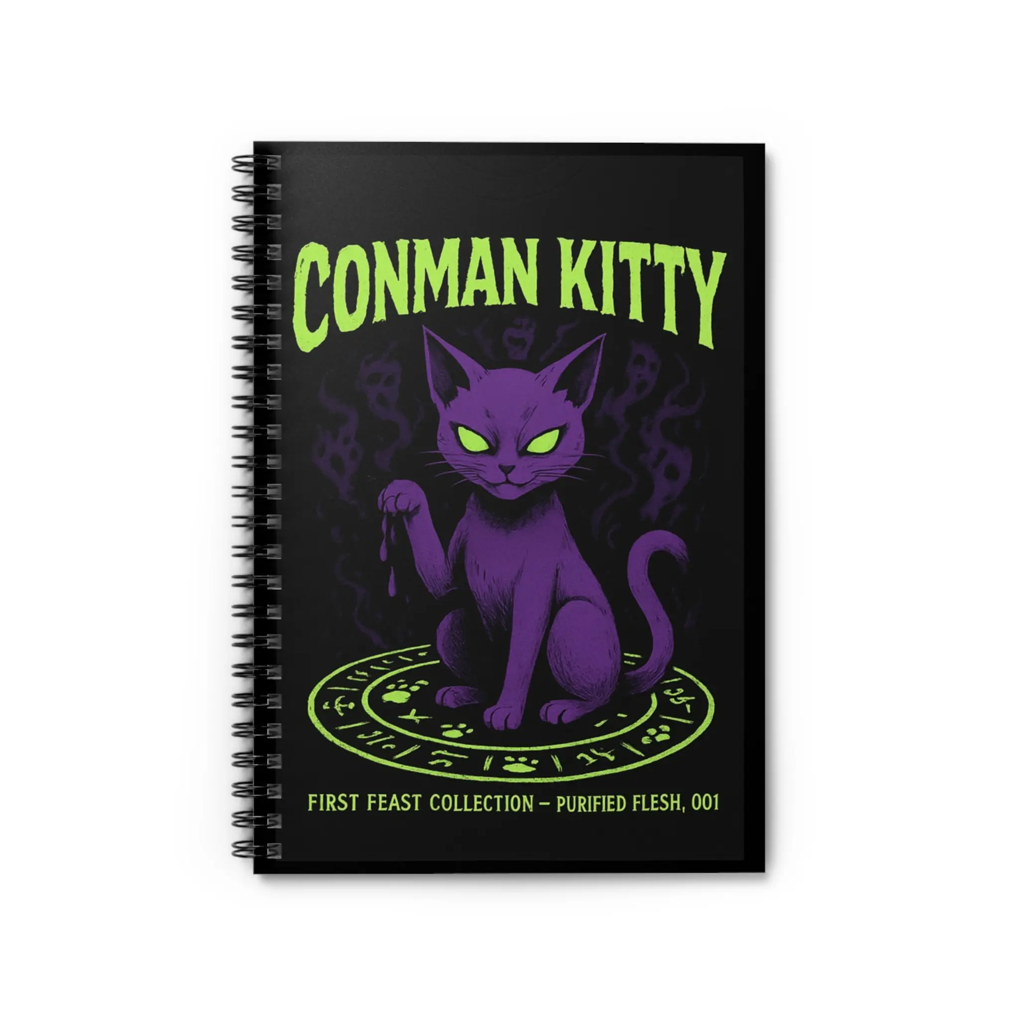 Conman Kitty's First Feast Collection Purified Flesh 001 Spiral Notebook Gothic Spiral Notebook - Conman Kitty Design, Cat Lovers Journal, Witchy Stationery, Gift for Artists, Halloween Decor, Unique Notebook