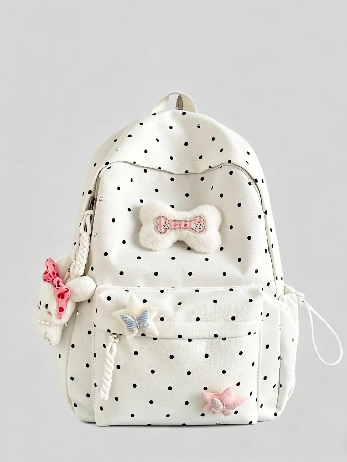 Sweet girl style atmosphere, fashionable retro texture, polka dot backpack with plush bones/stars/cartoon pendants, multi pocket design, reasonable separation, high-quality backpack, backpack/travel bag