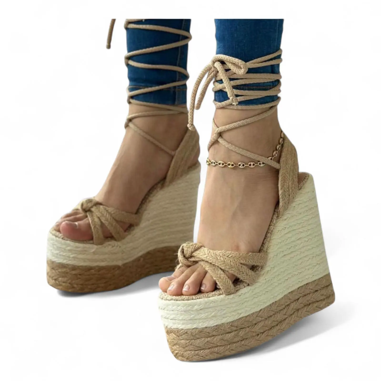 YRMODA Women's Classy Roman Sandal Chain Platform Heels - 15cm Platform, Elegant White, Golden Details, 2-Tone Design, Long Adjustable Laces, Lace-Tie Ankle, Adjustable Fit, Casual Footwear